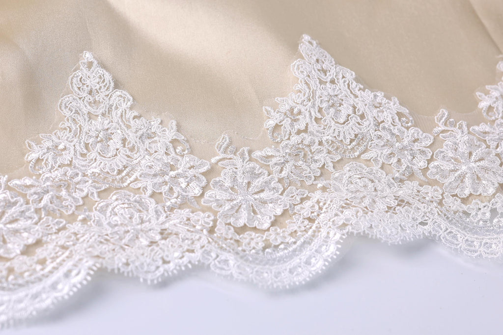 A close-up view of a delicate, intricate white lace trim on a fabric surface.