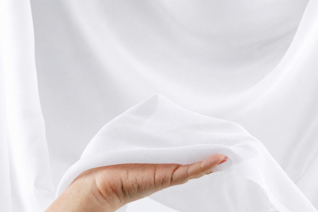 A hand is holding a white fabric, possibly a piece of clothing or a textile, against a white background.
