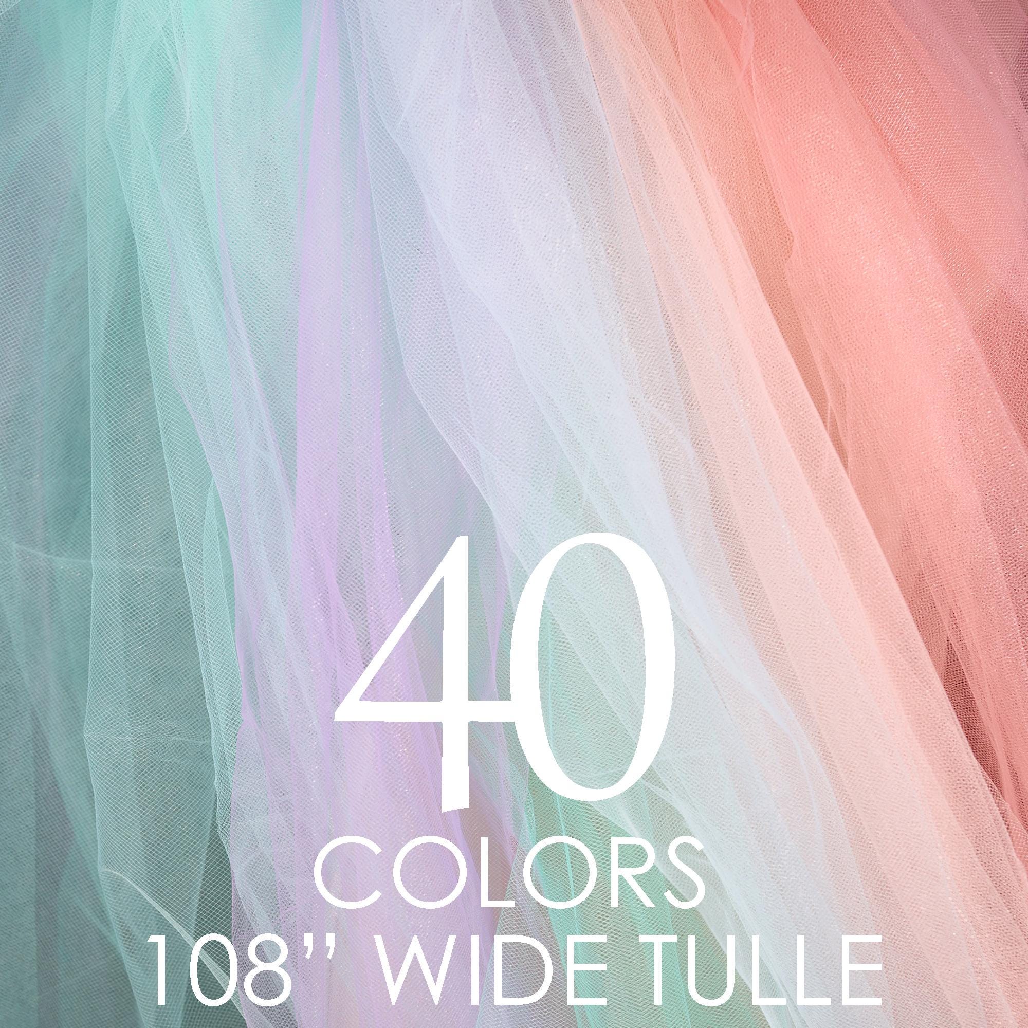 a colorful tulle skirt with the text 40 colors 108 wide tulle