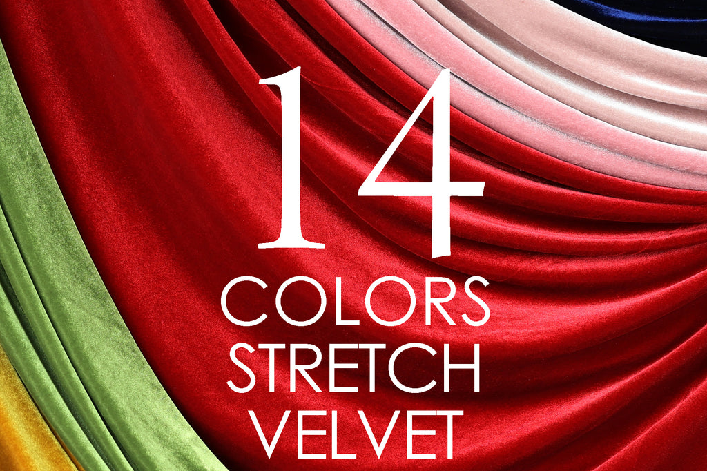 a close-up of a red velvet fabric with the text "14 COLORS STRETCH VELVET" overlaid on it.