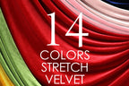 a close-up of a red velvet fabric with the text "14 COLORS STRETCH VELVET" overlaid on it.