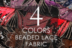 The image is a close-up of a fabric with a variety of colors and patterns, including red, black, and purple. The text "4 COLORS BEARD LACE FABRIC" is displayed prominently in the center of the image.