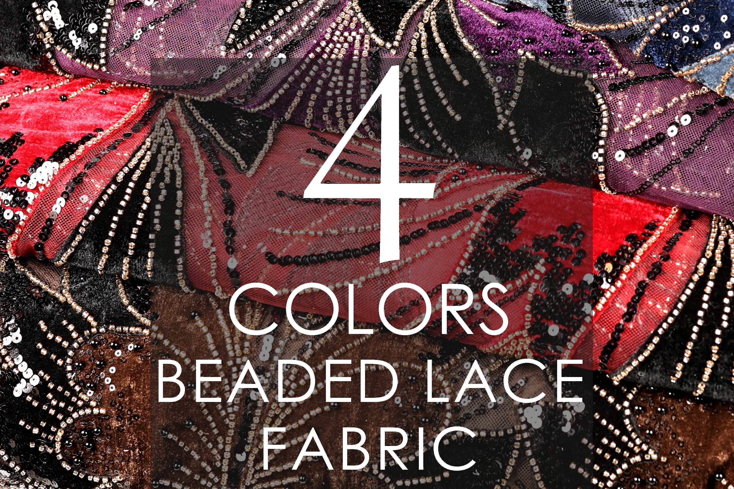 The image is a close-up of a fabric with a variety of colors and patterns, including red, black, and purple. The text "4 COLORS BEARD LACE FABRIC" is displayed prominently in the center of the image.