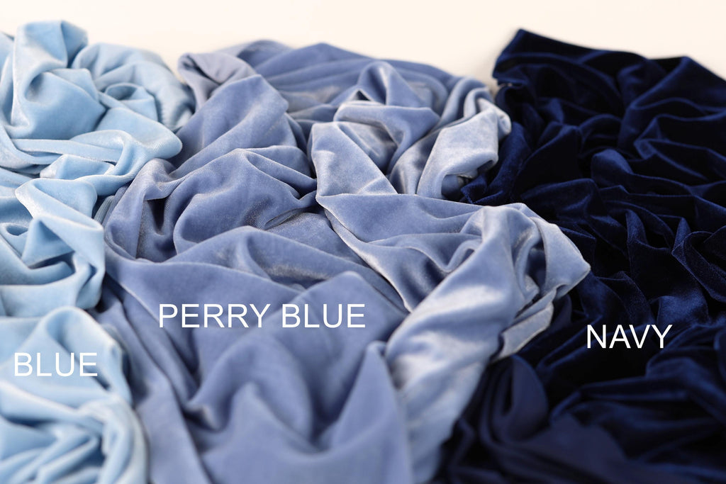 three different colored velvet fabrics, with the text "PERRY BLUE", "BLUE", and "NAVY" indicating the color of each fabric.