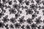 a close-up view of a black and white lace pattern with a repeating floral design. The lace appears to be made of a delicate material, possibly silk or chiffon, and is adorned with numerous small black flowers or leaves. The pattern is intricate and detailed, showcasing the craftsmanship and artistry involved in creating this type of lace.