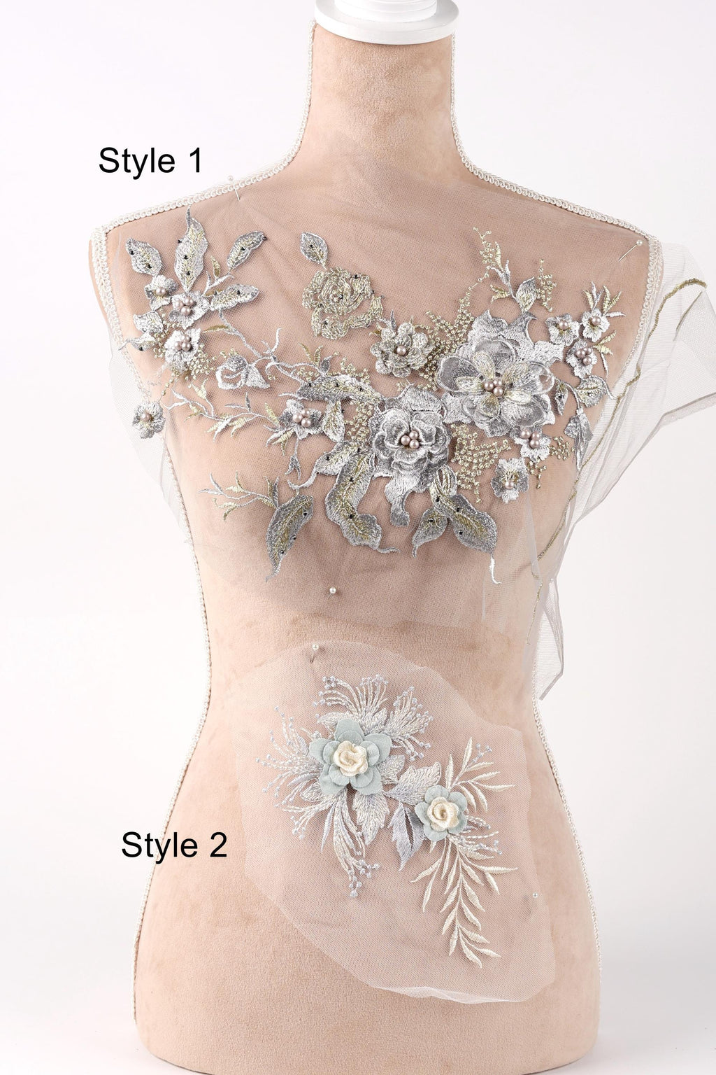 A mannequin with a floral embroidered design on its bust, featuring various styles of floral patterns and designs.