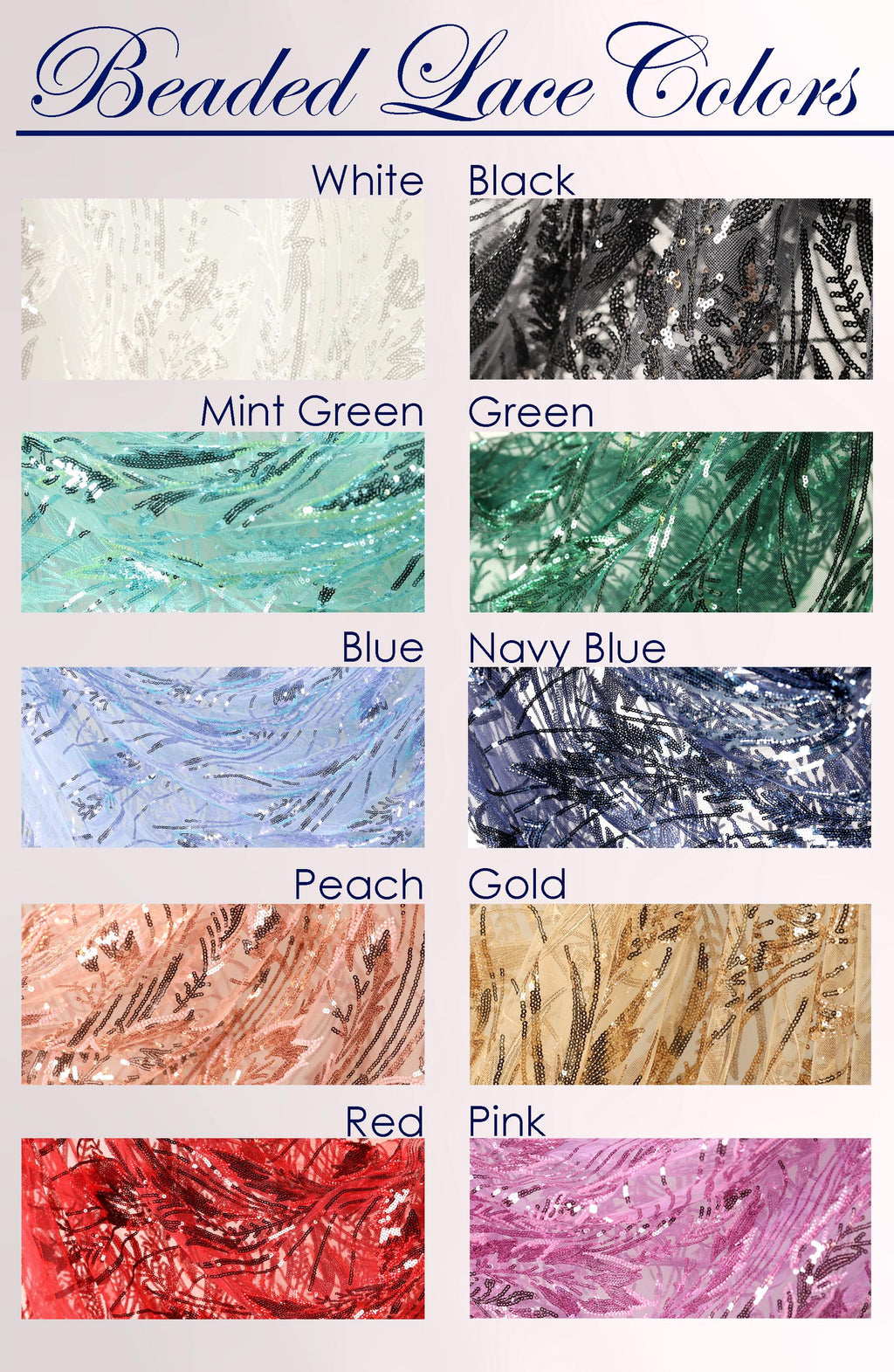 a collection of various colored beads and lace materials, including white, black, mint green, green, blue, navy blue, peach, gold, red, pink, and purple.