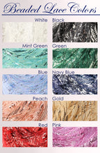 a collection of various colored beads and lace materials, including white, black, mint green, green, blue, navy blue, peach, gold, red, pink, and purple.