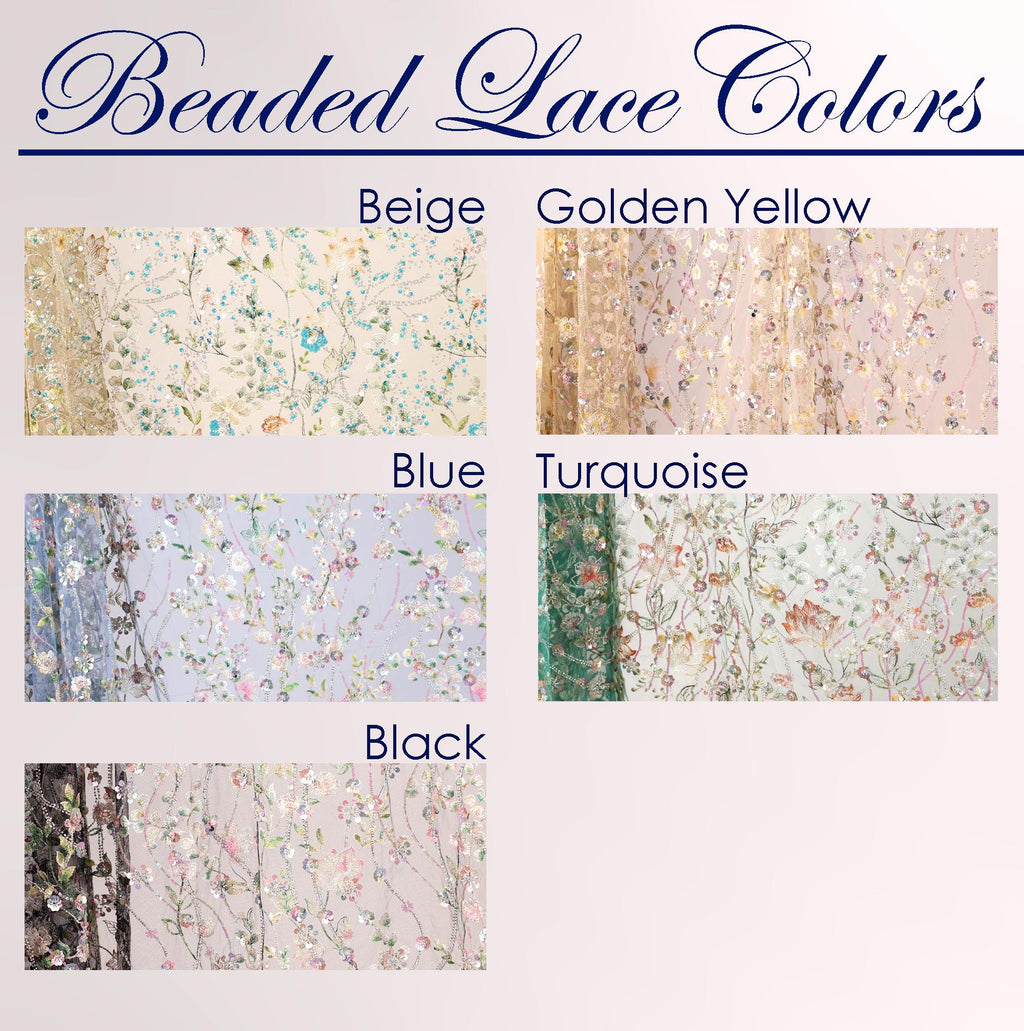 a collection of six different colored fabric samples, each with a unique floral pattern. The text labels the colors as Beige, Golden Yellow, Turquoise, Black, and Blue.