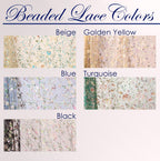 a collection of six different colored fabric samples, each with a unique floral pattern. The text labels the colors as Beige, Golden Yellow, Turquoise, Black, and Blue.