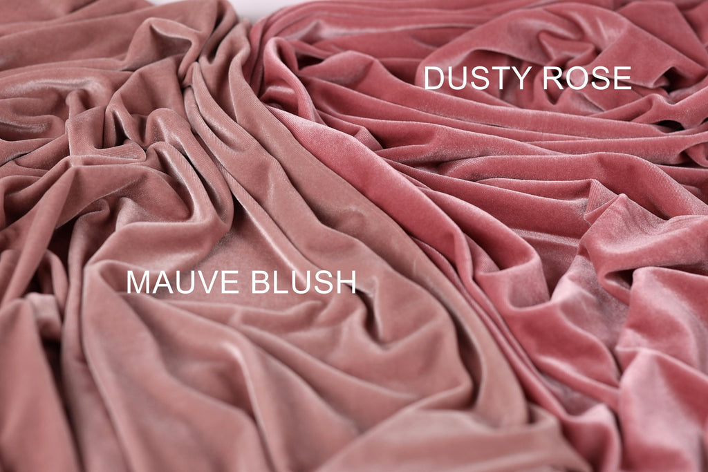 two different shades of pink velvet fabric, labeled as "DUSTY ROSE" and "MAUVE BLUSH".