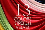a close-up of a red velvet fabric with the text "13 COLORS STRETCH VELVET" overlaid on it.