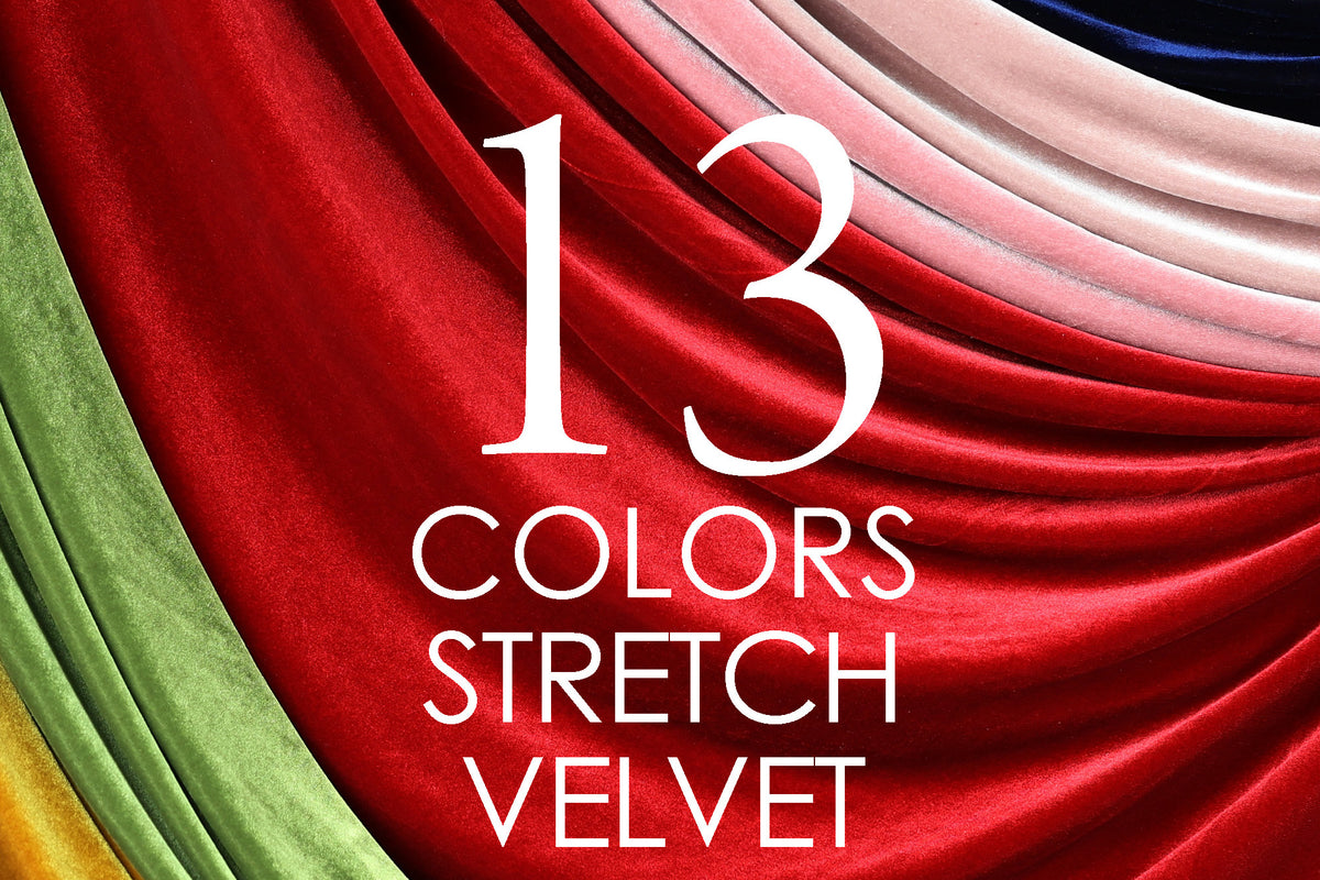 a close-up of a red velvet fabric with the text "13 COLORS STRETCH VELVET" overlaid on it.