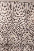 a close-up view of a sequin pattern with a repeating geometric design. The pattern consists of a series of diamond shapes and lines, creating a visually striking and intricate design. The overall appearance of the image is detailed and detailed, with the sequin pattern being the central focus.