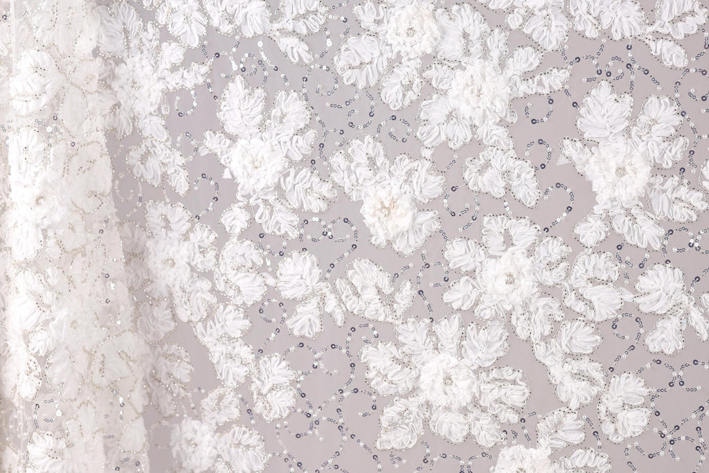 The image is a close-up of a delicate, white lace fabric with a floral pattern. The fabric appears to be made of a sheer material, giving it a delicate and elegant appearance. The lace is adorned with small white flowers and sequins, adding a touch of sparkle and detail to the overall design. The image does not contain any text or other discernible objects, and the focus is solely on the intricate lace pattern.