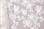 The image is a close-up of a delicate, white lace fabric with a floral pattern. The fabric appears to be made of a sheer material, giving it a delicate and elegant appearance. The lace is adorned with small white flowers and sequins, adding a touch of sparkle and detail to the overall design. The image does not contain any text or other discernible objects, and the focus is solely on the intricate lace pattern.