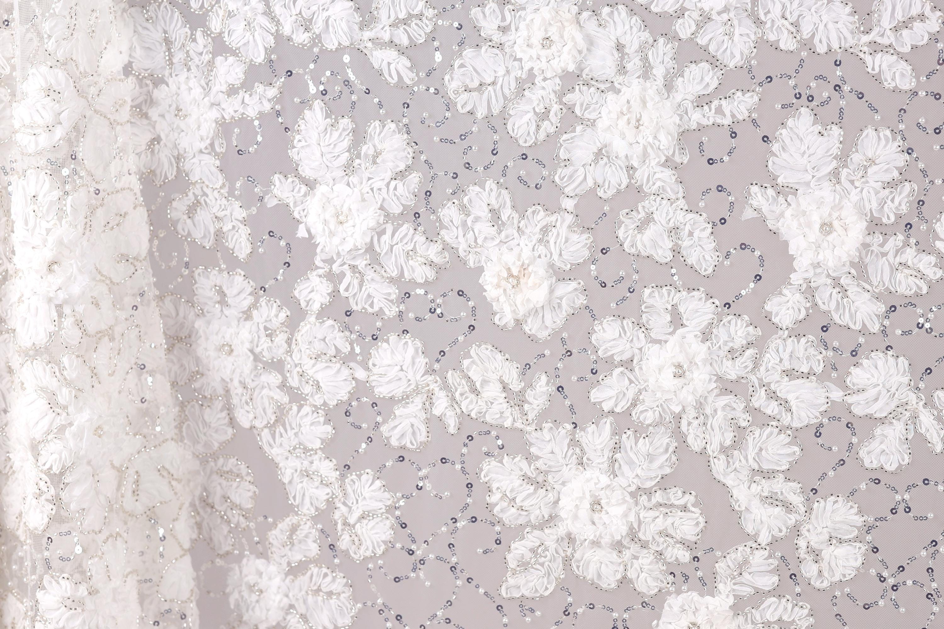 The image is a close-up of a delicate, white lace fabric with a floral pattern. The fabric appears to be made of a sheer material, giving it a delicate and elegant appearance. The lace is adorned with small white flowers and sequins, adding a touch of sparkle and detail to the overall design. The image does not contain any text or other discernible objects, and the focus is solely on the intricate lace pattern.