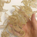 A hand is holding a piece of fabric with intricate gold embroidered floral designs.