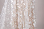 a close-up view of a delicate, white lace dress with a floral pattern.
