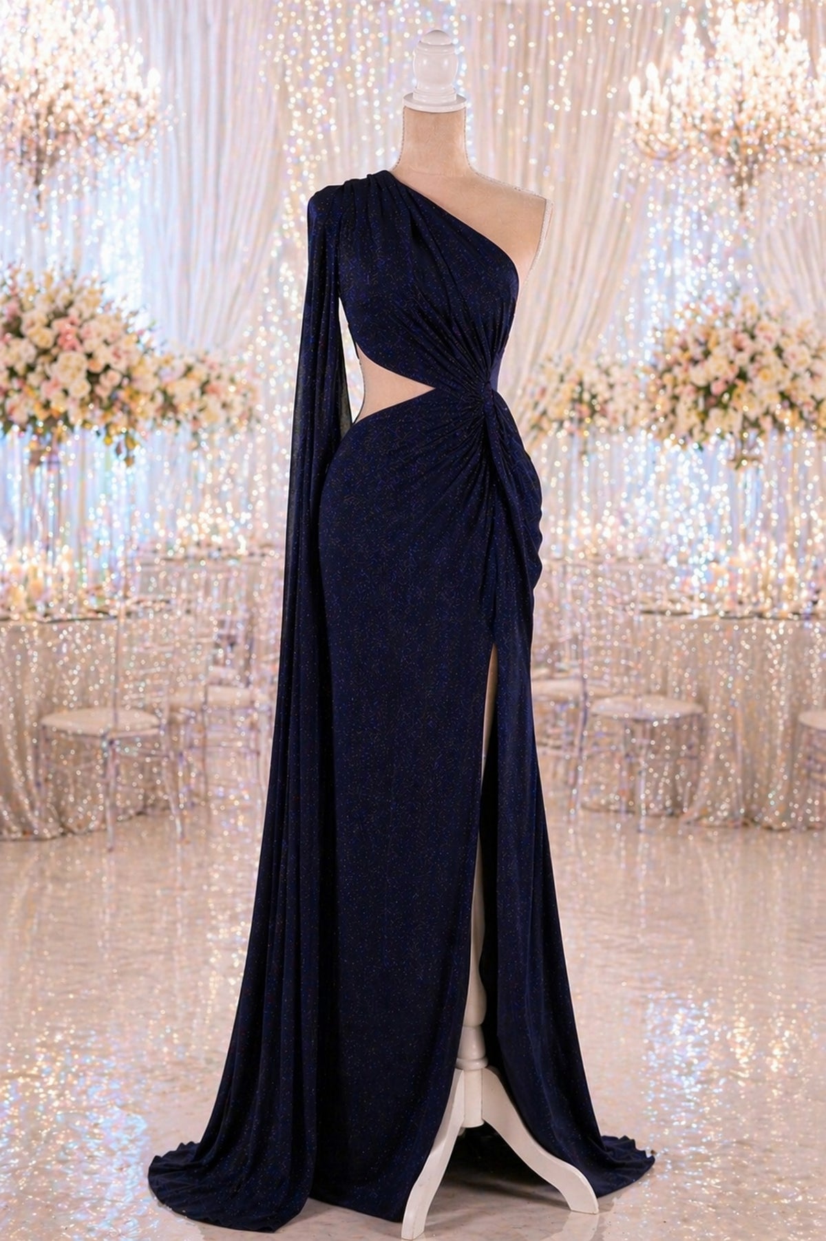 Blue-Navy Glitter Knit Fabric, 4-Way Stretch Dancewear Costume Fashion