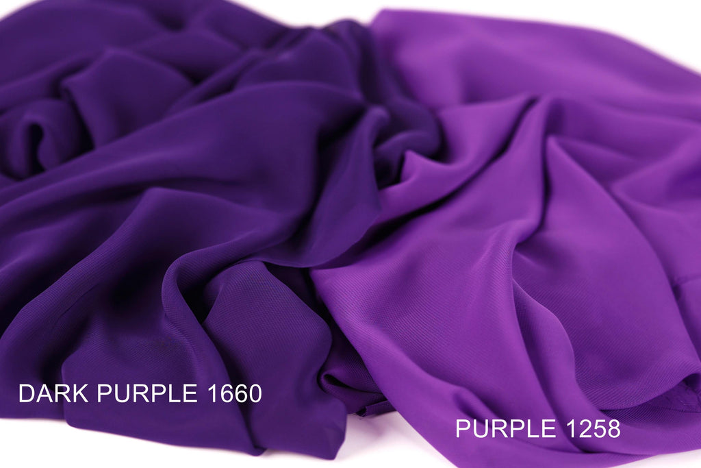 two different shades of purple fabric, with the darker purple fabric labeled as "Dark Purple 1660" and the lighter purple fabric labeled as "Purple 1258".