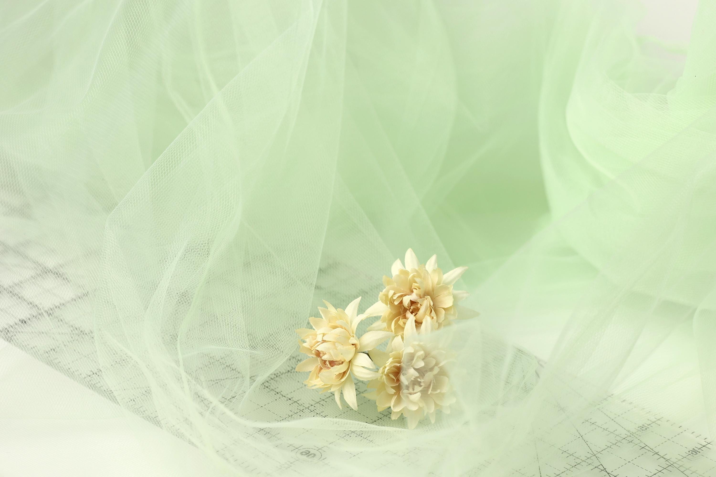 delicate white flowers resting on a light green fabric, creating a serene and peaceful scene.