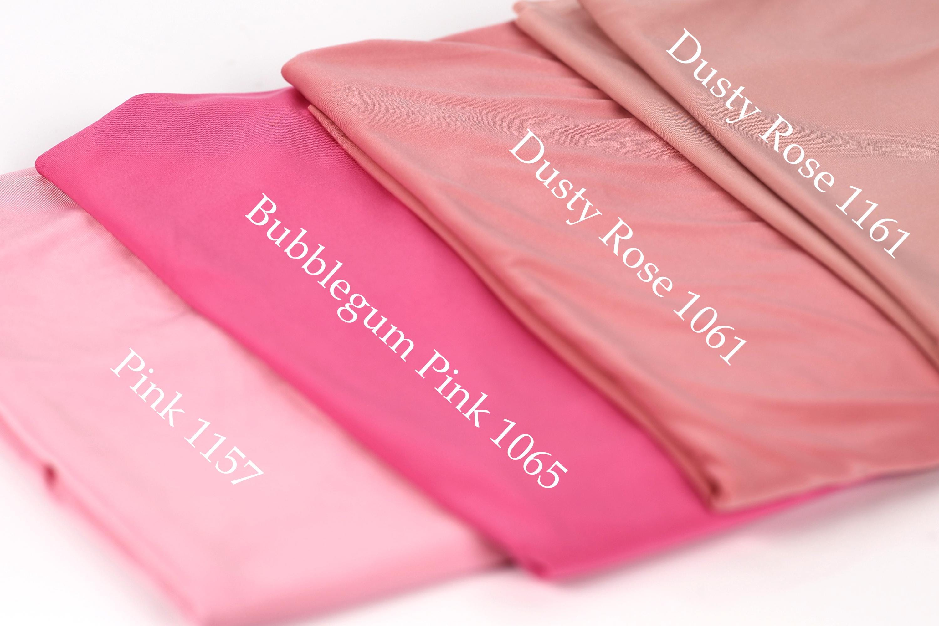 four fabric swatches in different shades of pink, labeled with their respective names.