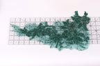 a piece of green lace with intricate floral patterns, laid out on a ruler for measurement purposes.