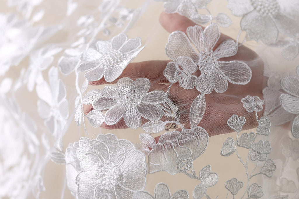 A hand is holding a piece of white lace with intricate floral embroidery.