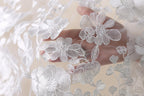 A hand is holding a piece of white lace with intricate floral embroidery.