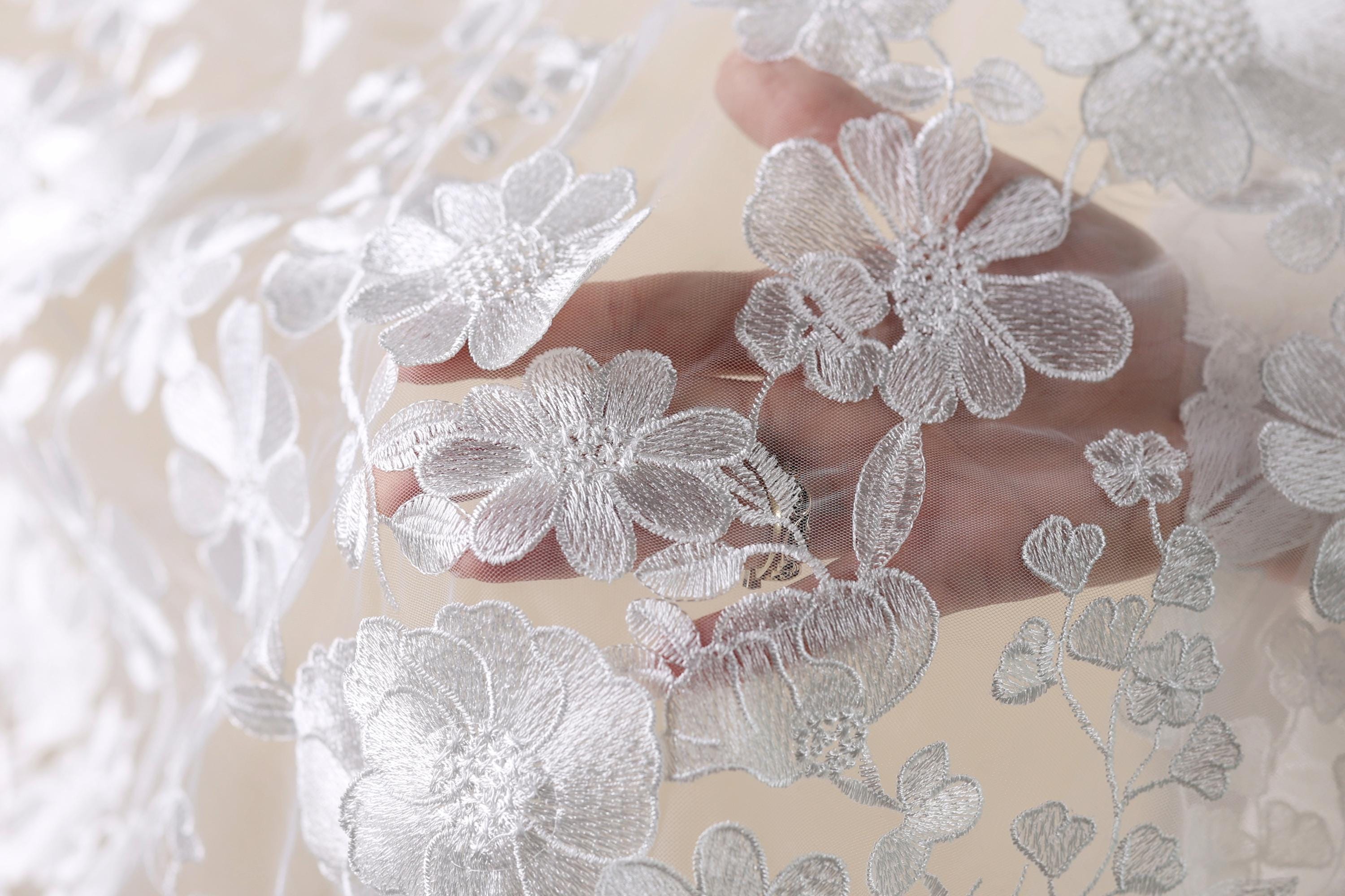 A hand is holding a piece of white lace with intricate floral embroidery.