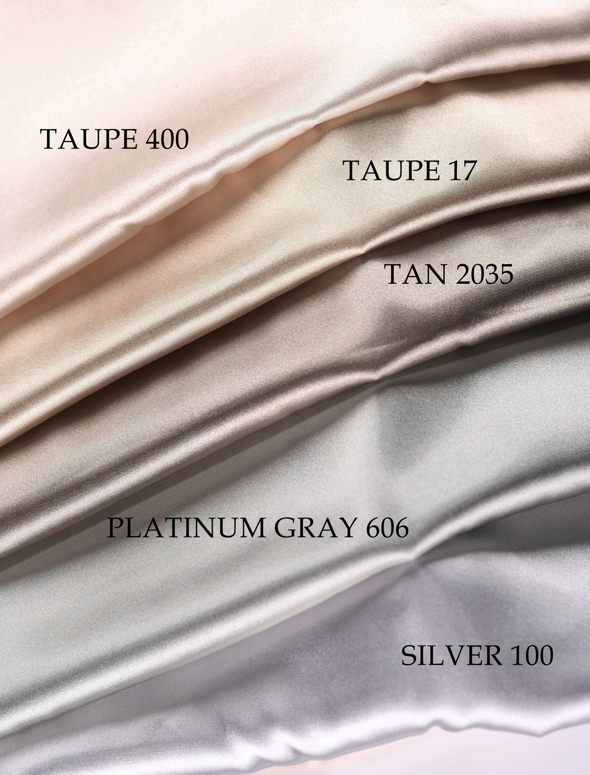 a collection of fabric swatches in various shades of gray, ranging from light to dark gray. The swatches are arranged in a gradient, with the light gray at the top, followed by the darker gray, and then the silver gray at the bottom. Each swatch has a label indicating the color, such as "TAUPE 400", "TAUPE 17", "TAN 2035", "PLATINUM GRAY 606", and "SILVER 100".