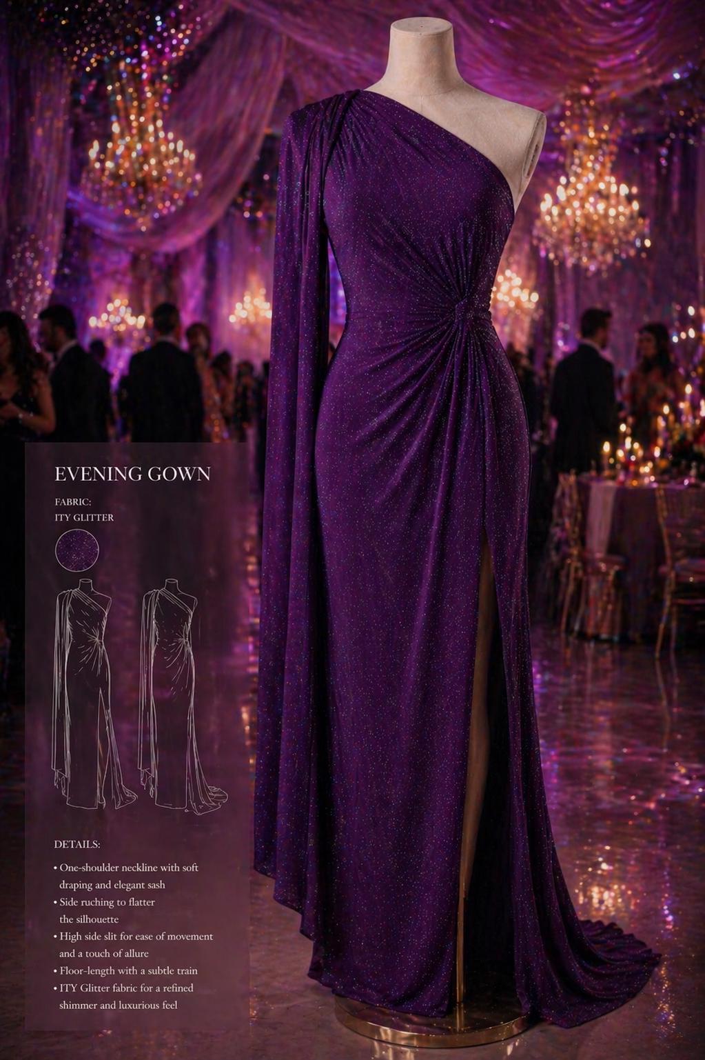 a purple evening gown displayed on a mannequin, with a sign providing details about the dress.