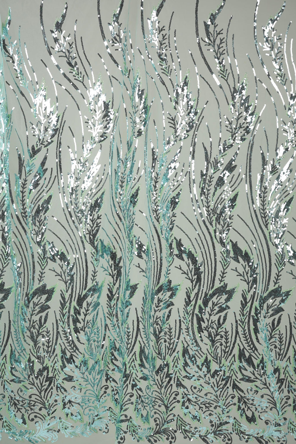 a repeating pattern of stylized leaves and branches in shades of green and black, creating a visually striking and intricate design.