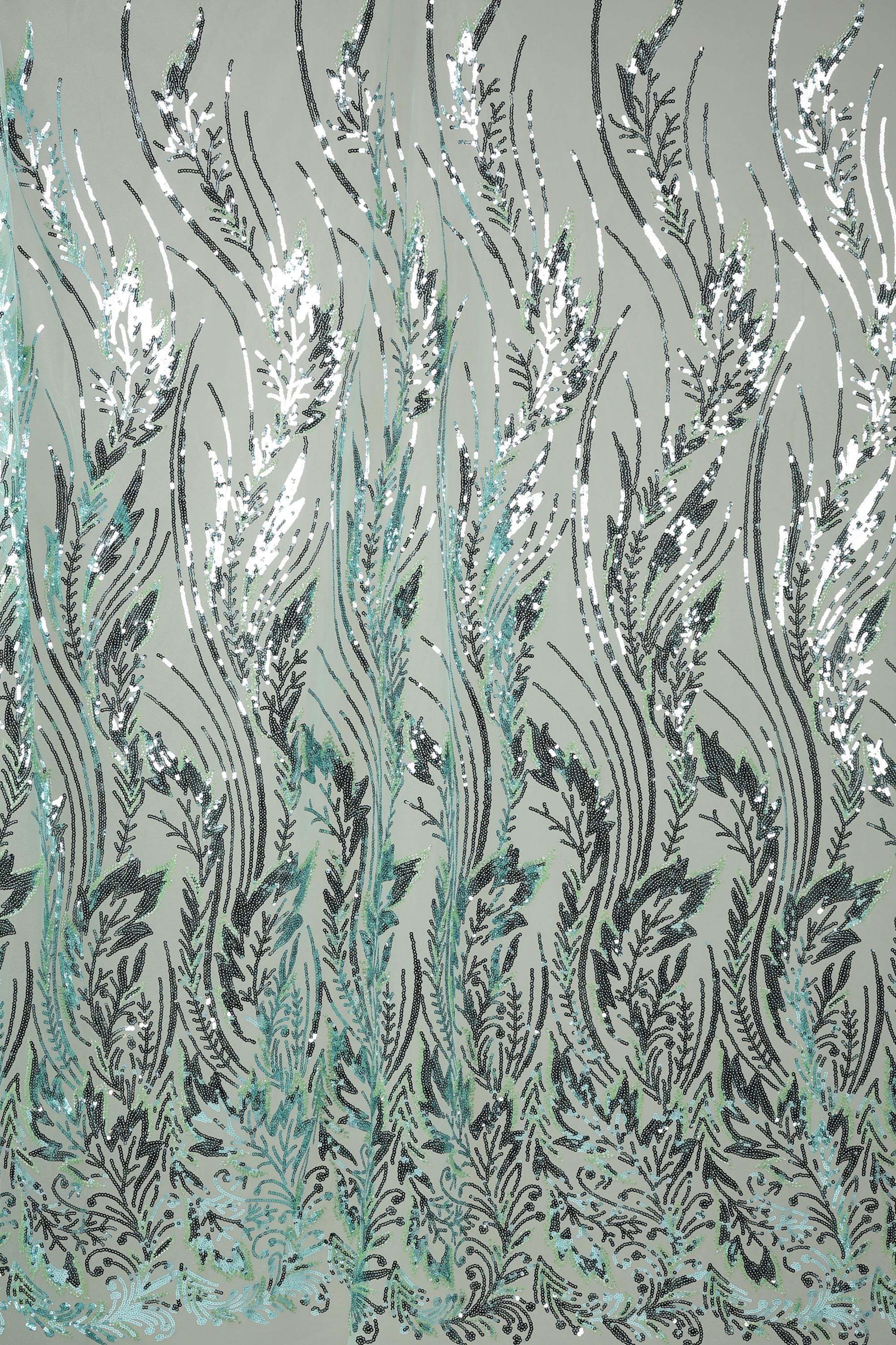 a repeating pattern of stylized leaves and branches in shades of green and black, creating a visually striking and intricate design.