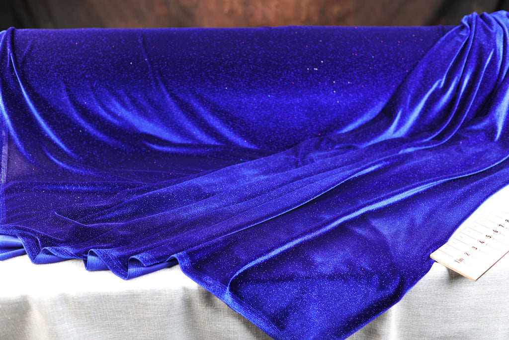 Navy Royal Blue Glitter Stretch Velvet Fabric by Yard, 4-Way Spandex for Dresses Costumes