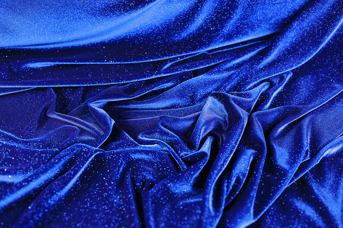 Navy Royal Blue Glitter Stretch Velvet Fabric by Yard, 4-Way Spandex for Dresses Costumes