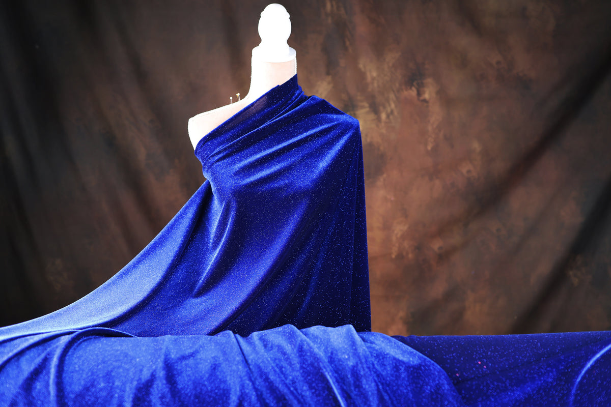 Navy Royal Blue Glitter Stretch Velvet Fabric by Yard, 4-Way Spandex for Dresses Costumes