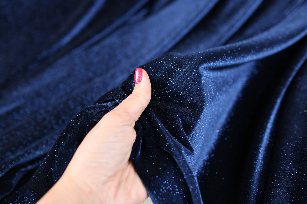 Navy Royal Blue Glitter Stretch Velvet Fabric by Yard, 4-Way Spandex for Dresses Costumes