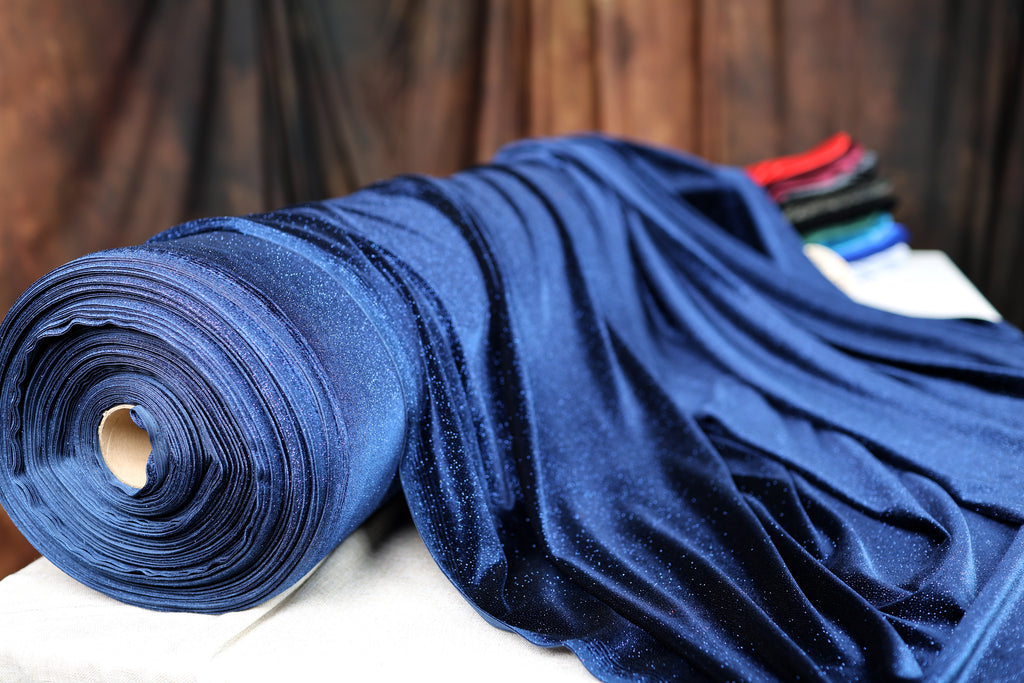 Navy Royal Blue Glitter Stretch Velvet Fabric by Yard, 4-Way Spandex for Dresses Costumes