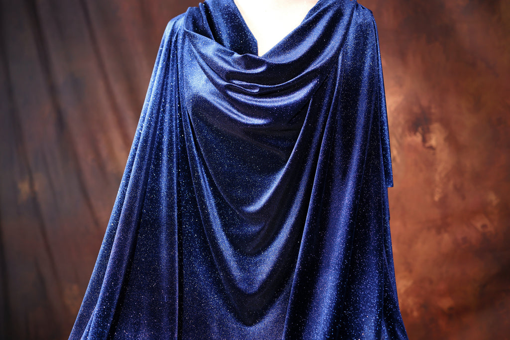Navy Royal Blue Glitter Stretch Velvet Fabric by Yard, 4-Way Spandex for Dresses Costumes