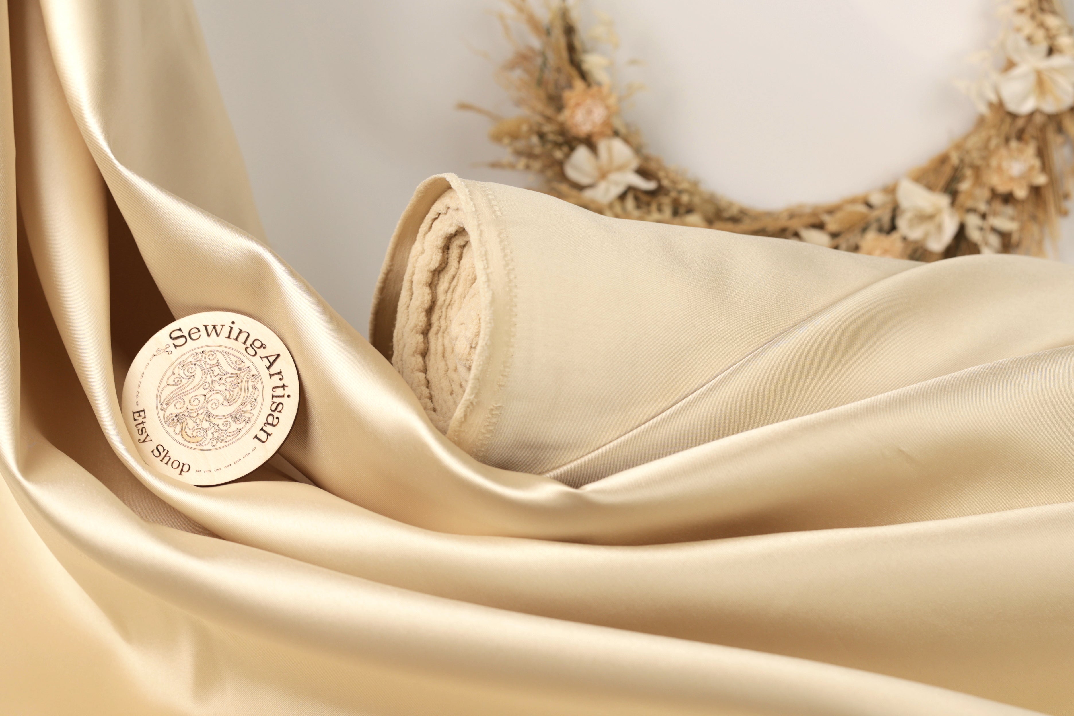 Taupe Mikado Satin Fabric | Golden Beige Polyester, 58/60" Wide