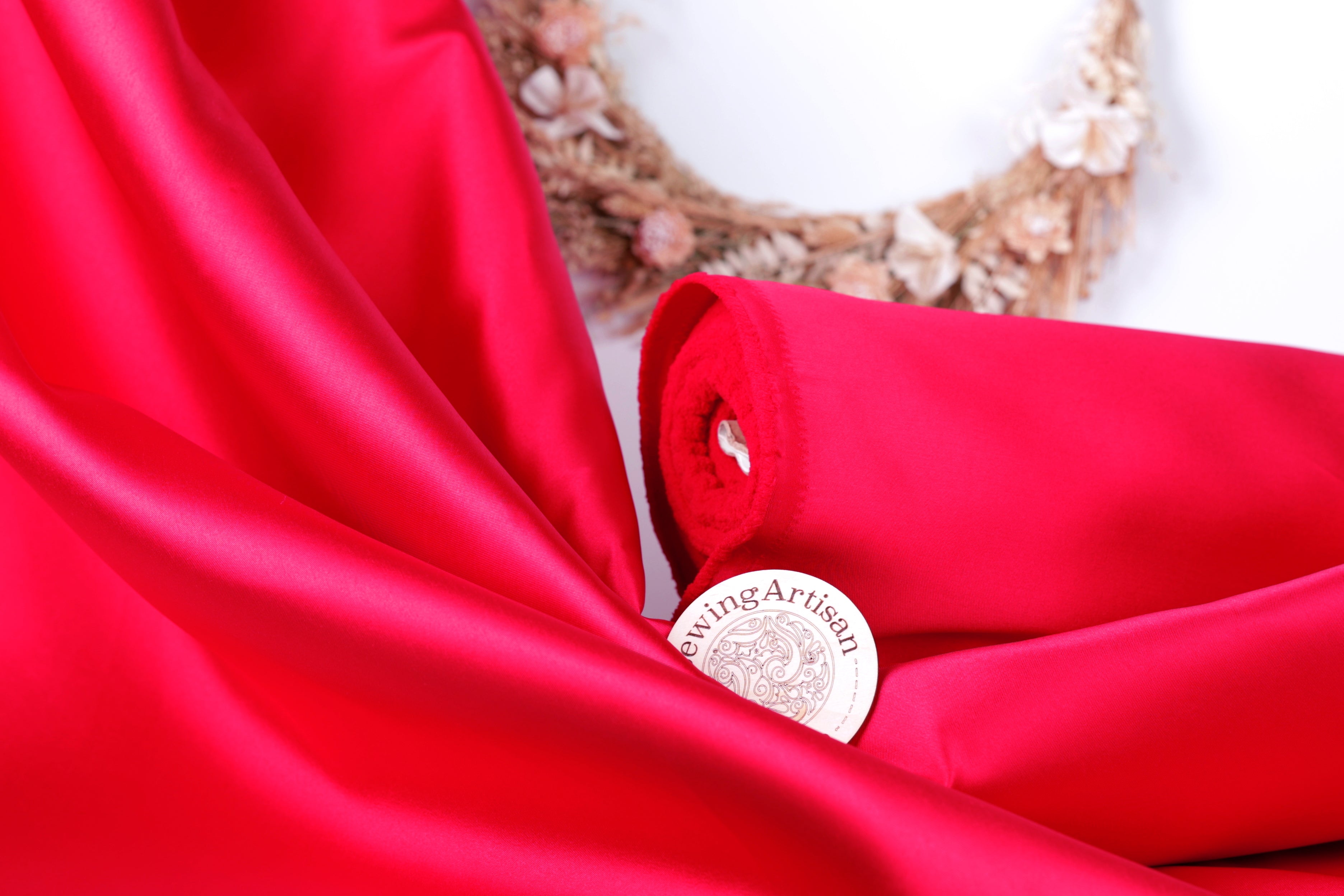Red Mikado Satin Fabric | Polyester Material for Gowns