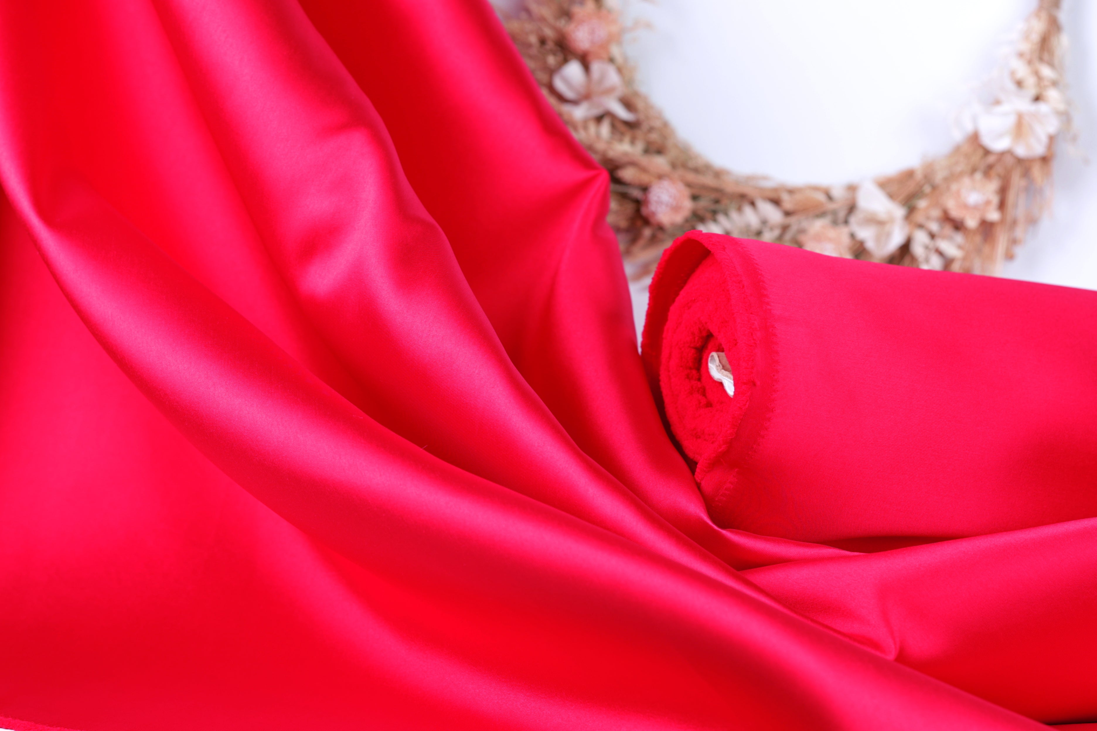 Red Mikado Satin Fabric | Polyester Material for Gowns