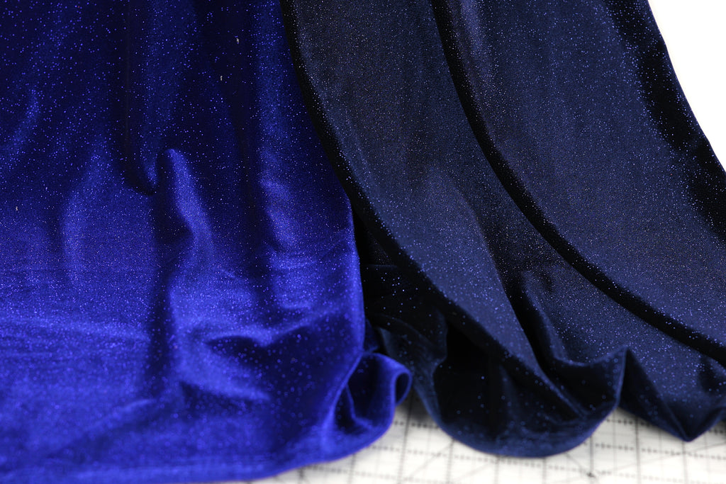 Navy Royal Blue Glitter Stretch Velvet Fabric by Yard, 4-Way Spandex for Dresses Costumes