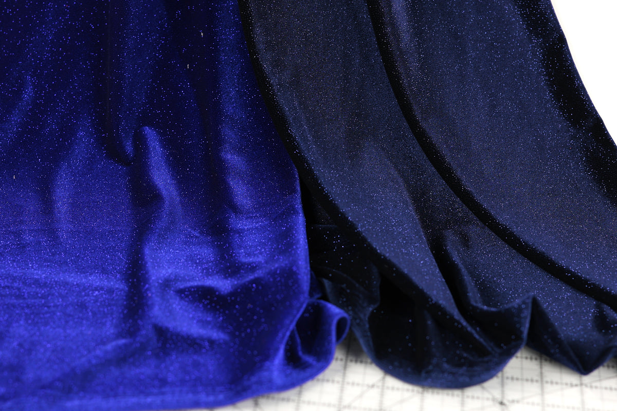 Navy Royal Blue Glitter Stretch Velvet Fabric by Yard, 4-Way Spandex for Dresses Costumes