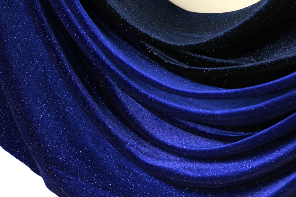 Navy Royal Blue Glitter Stretch Velvet Fabric by Yard, 4-Way Spandex for Dresses Costumes