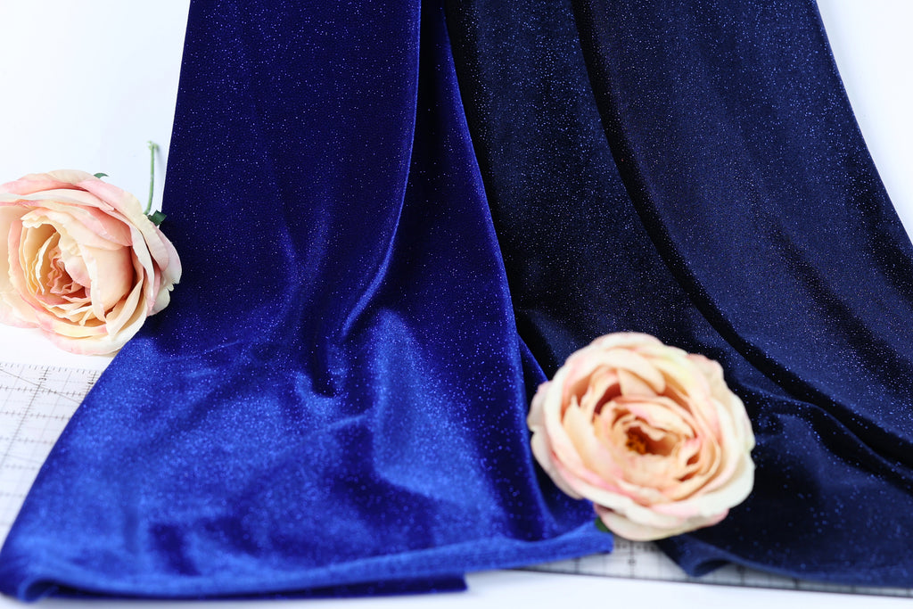Navy Royal Blue Glitter Stretch Velvet Fabric by Yard, 4-Way Spandex for Dresses Costumes