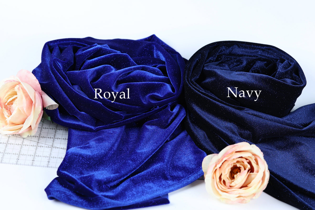 Navy Royal Blue Glitter Stretch Velvet Fabric by Yard, 4-Way Spandex for Dresses Costumes