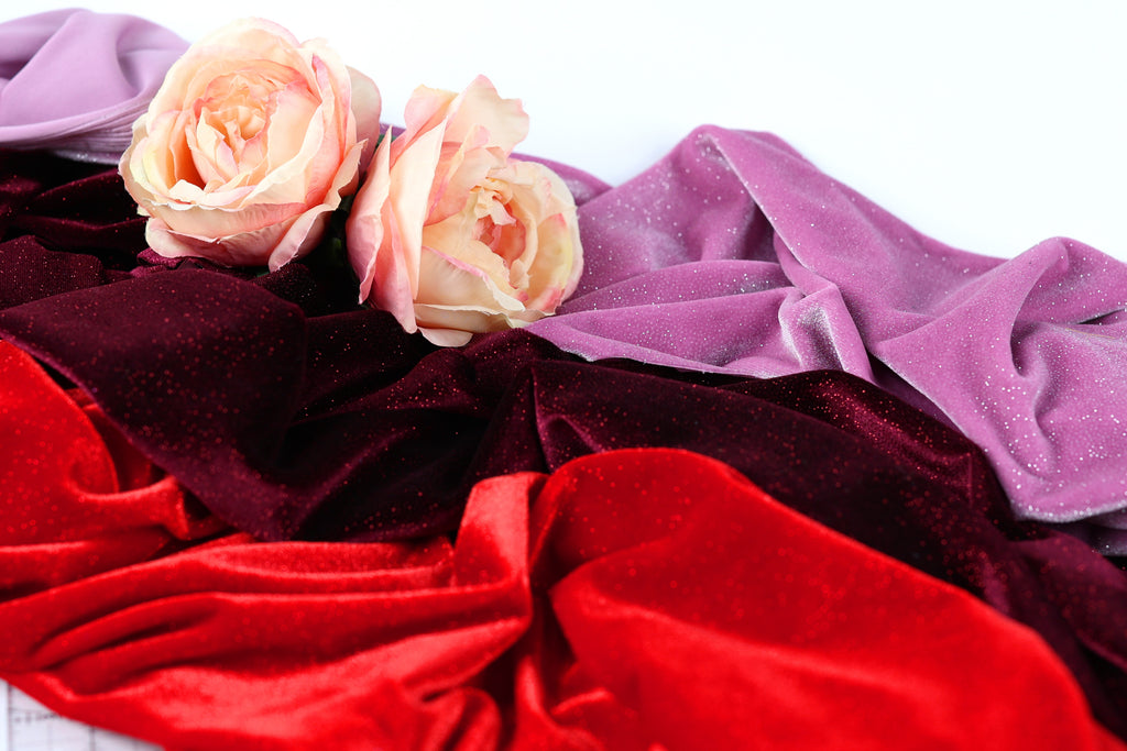 Glitter Stretch Velvet Fabric by Yard, Burgundy, Red, Spandex Costumes Dresses
